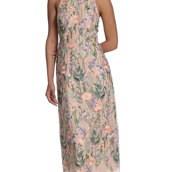 Maggy London Women's Floral Embroidered Halter Midi Dress with Back V-Neck - Picture 2 of 12